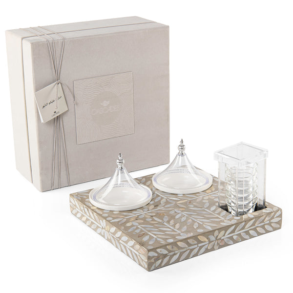 Wooden tray set with 6 coffee cups and dishes a carafe and a gift box