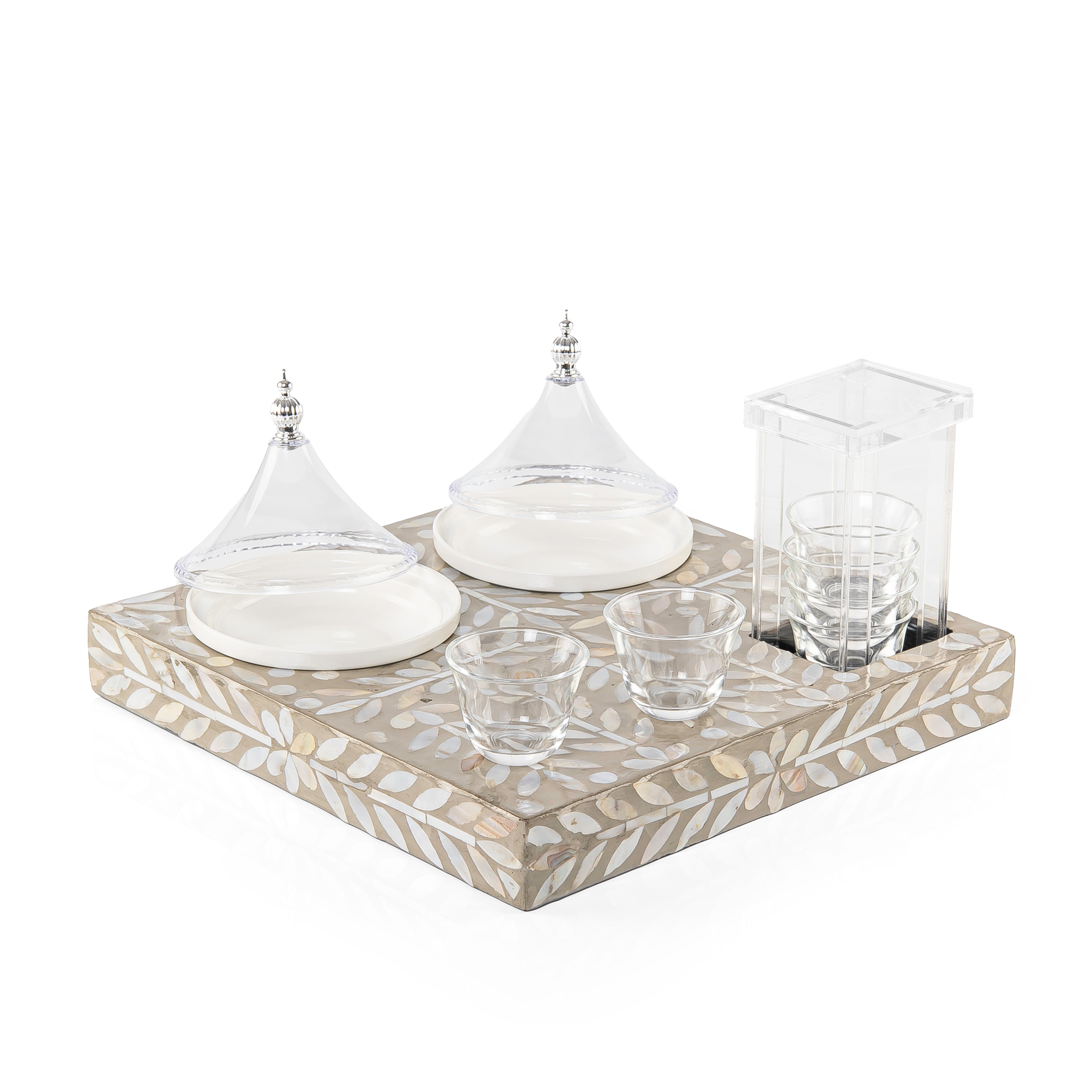 Wooden tray set with 6 coffee cups and dishes a carafe and a gift box