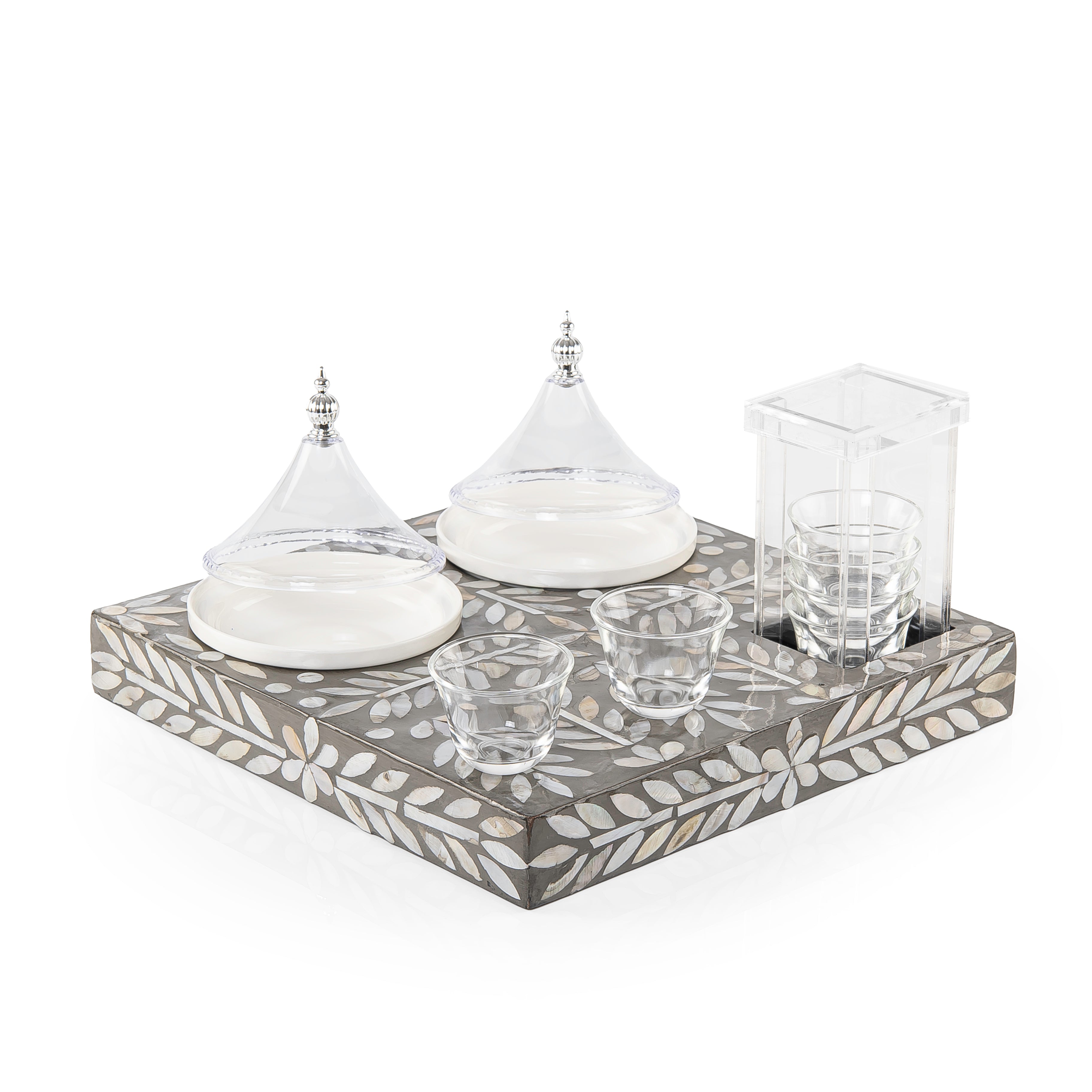 Wooden tray set with 6 coffee cups and dishes a carafe and a gift box