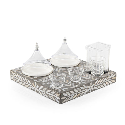 Wooden tray set with 6 coffee cups and dishes a carafe and a gift box