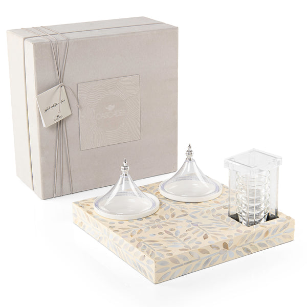 Wooden tray set with 6 coffee cups and dishes a carafe and a gift box