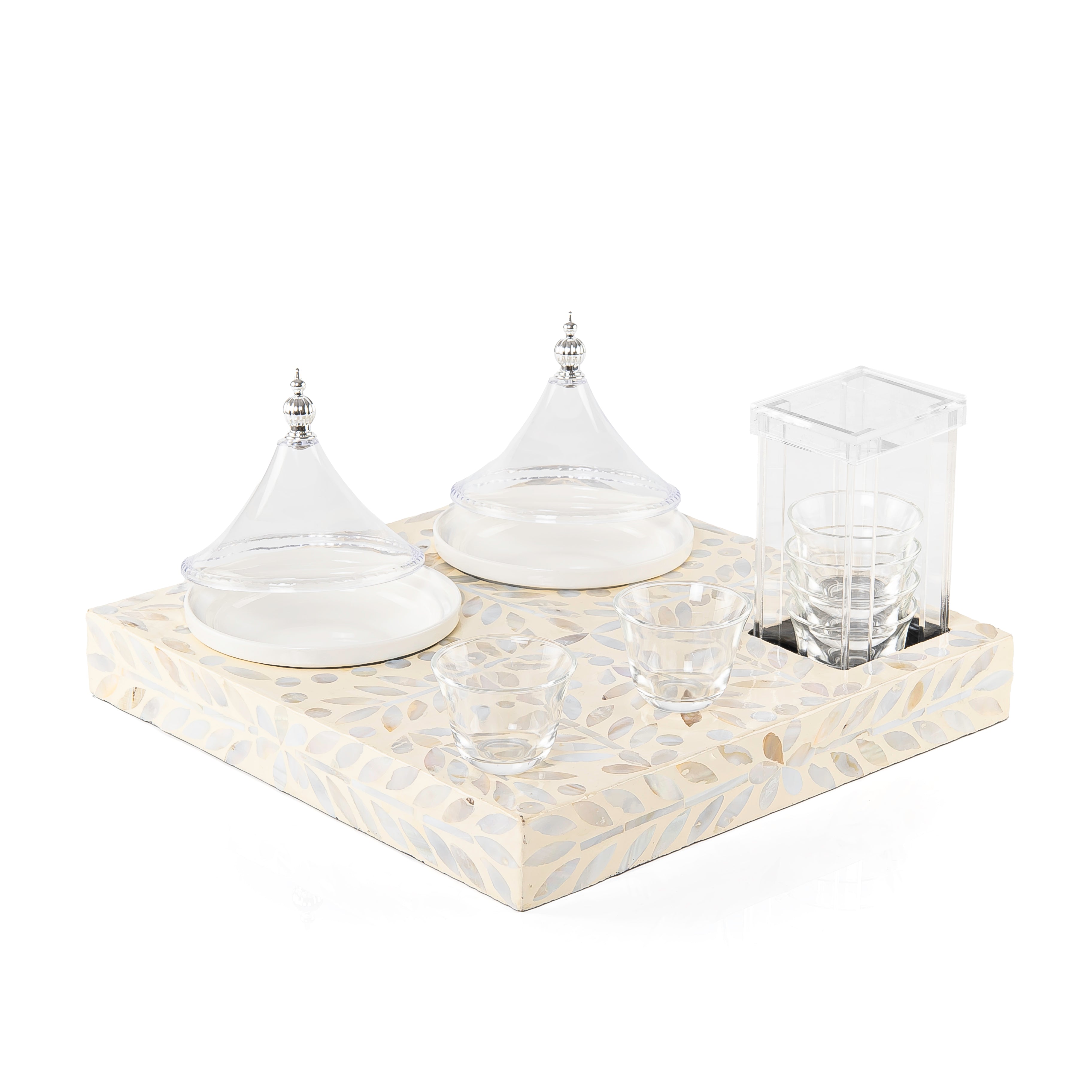 Wooden tray set with 6 coffee cups and dishes a carafe and a gift box