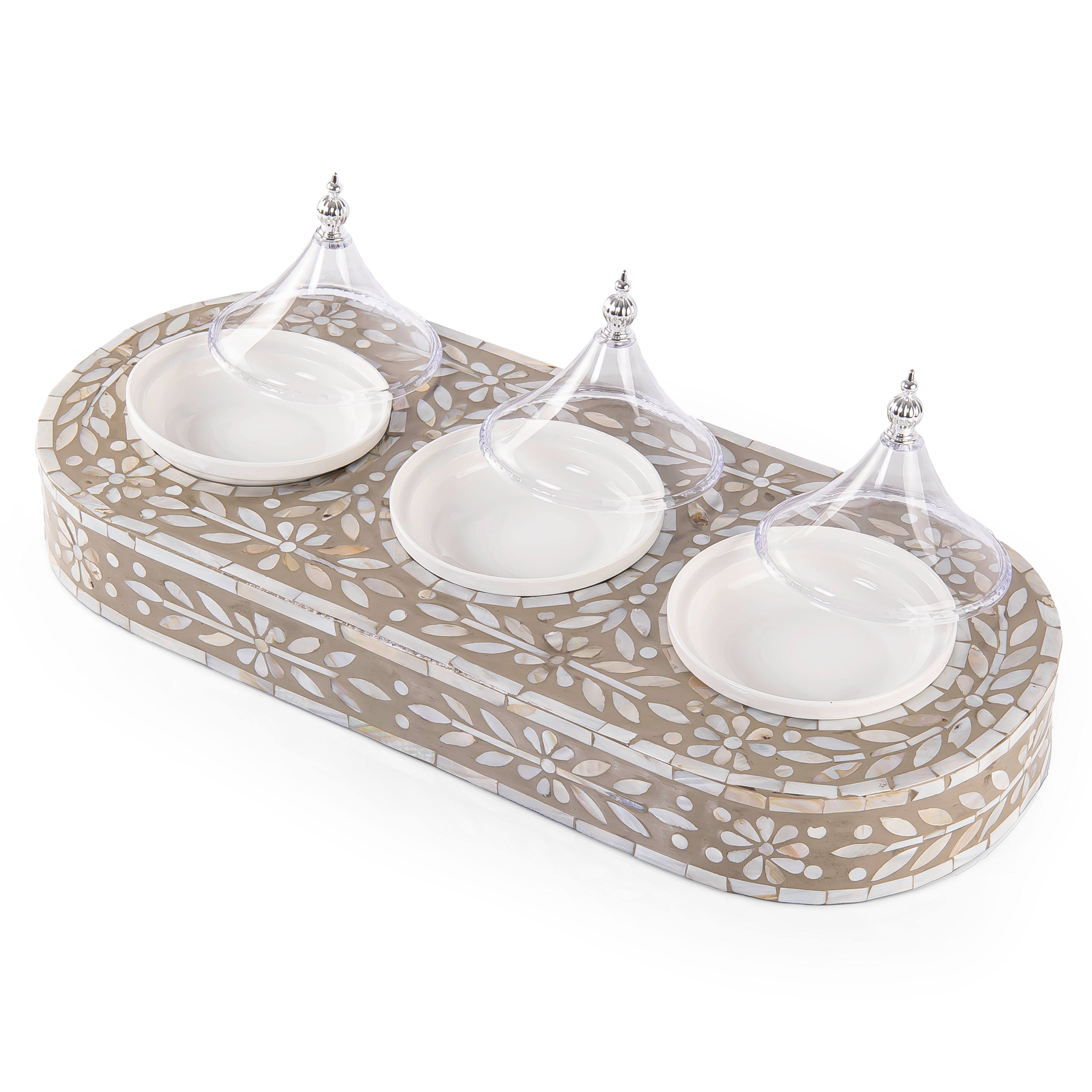 Mother of Pearl Tray Set with 3 Ceramic Dishes and  Lids in Gift Box