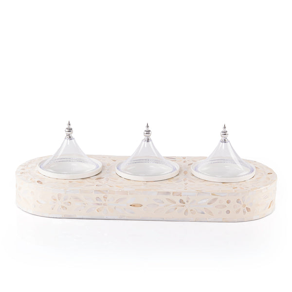 Mother of Pearl Tray Set with 3 Ceramic Dishes and  Lids in Gift Box