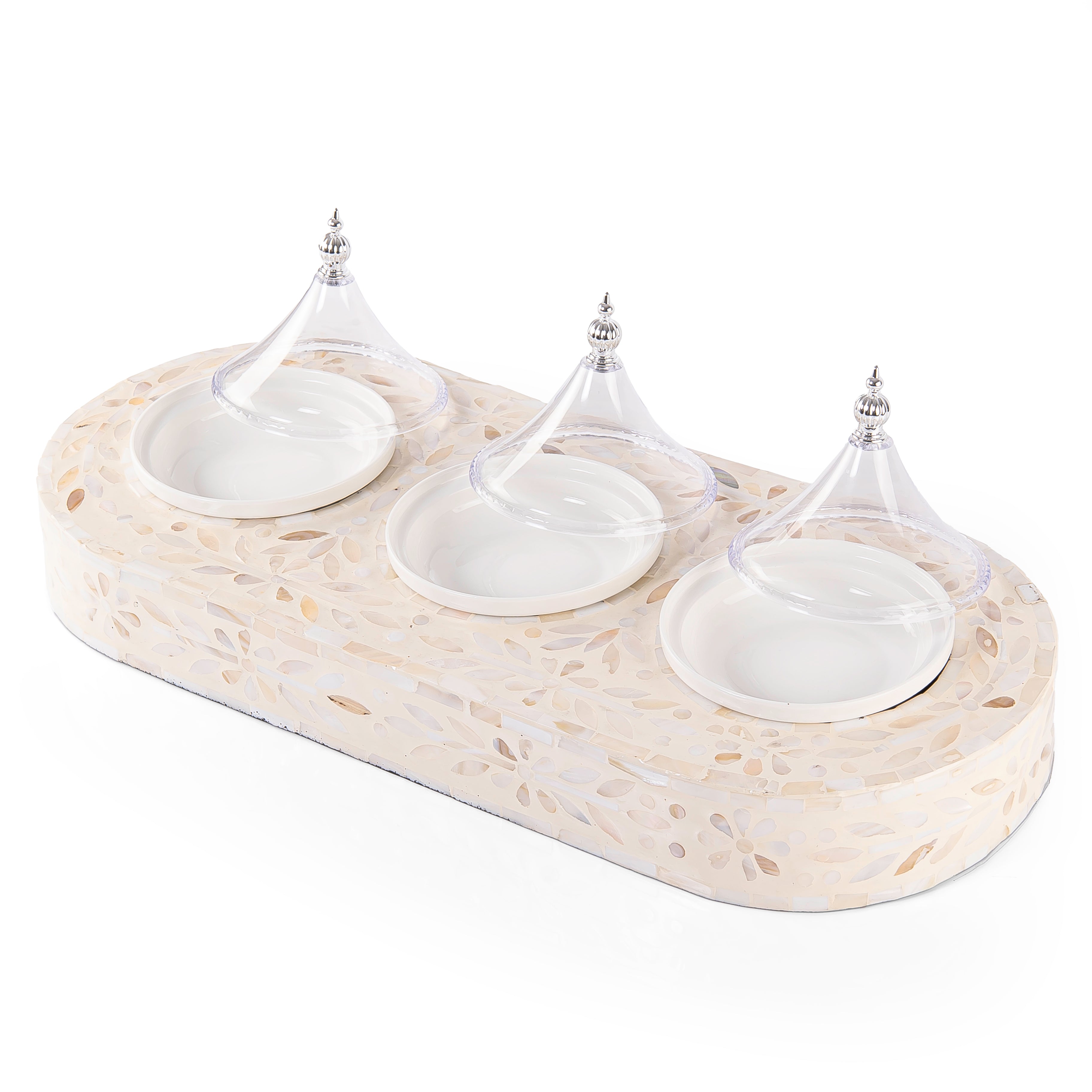 Mother of Pearl Tray Set with 3 Ceramic Dishes and  Lids in Gift Box
