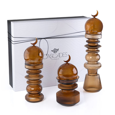 3-Pcs Glass Set ( 2 Minarets Décor + Date Bowl ) with Gift Box - Brown