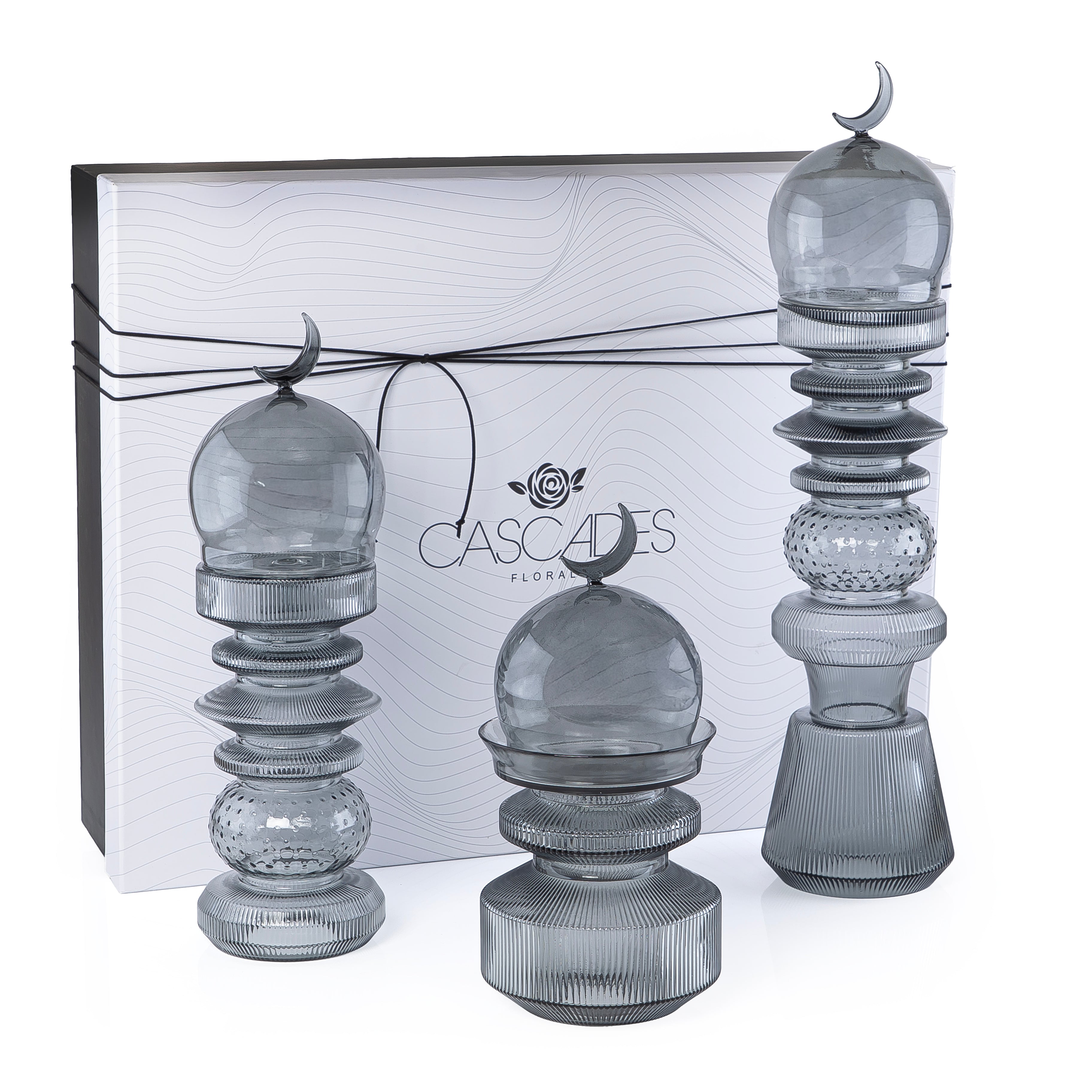 3-Pcs Glass Set ( 2 Minarets Décor + Date Bowl ) with Gift Box - Grey