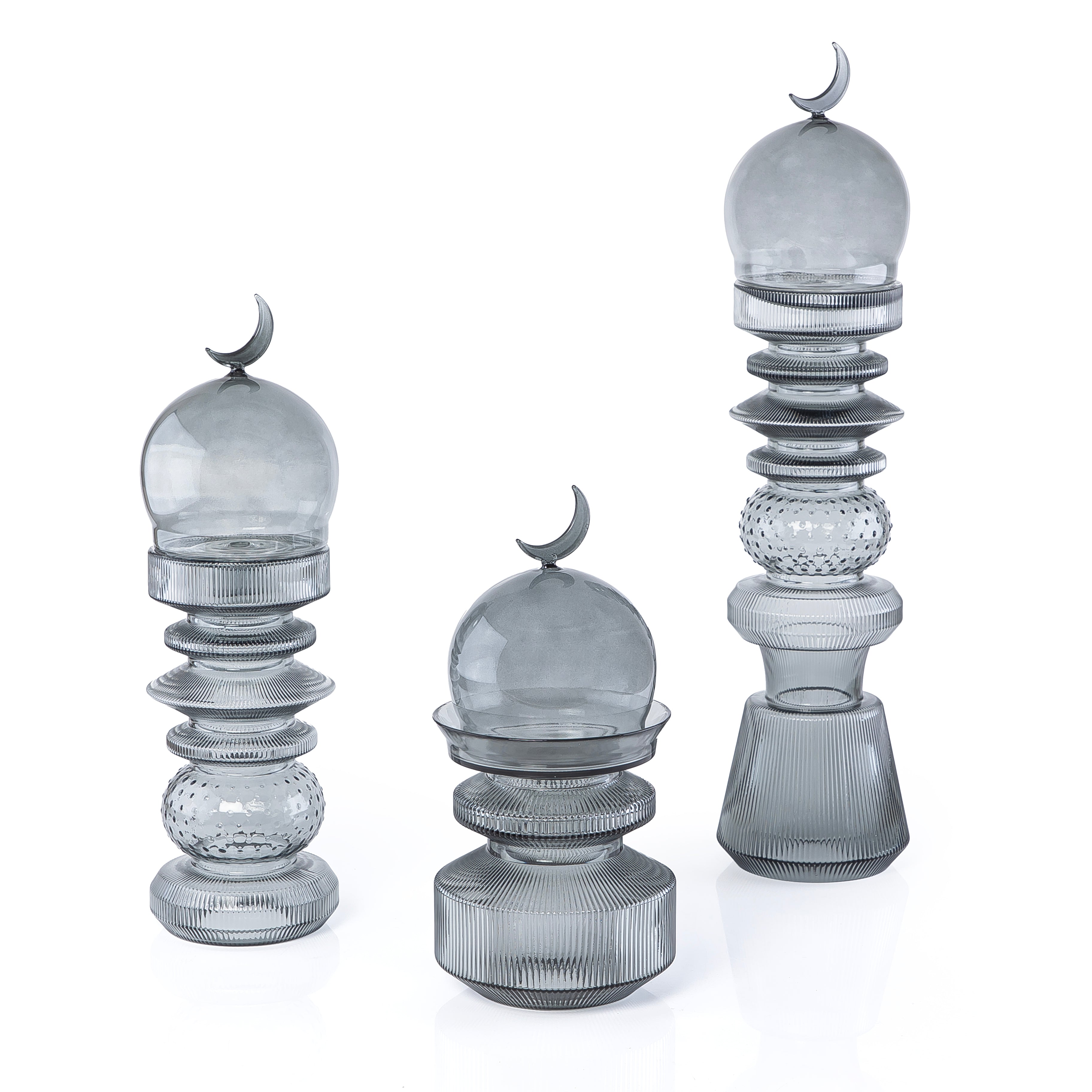 3-Pcs Glass Set ( 2 Minarets Décor + Date Bowl ) with Gift Box - Grey