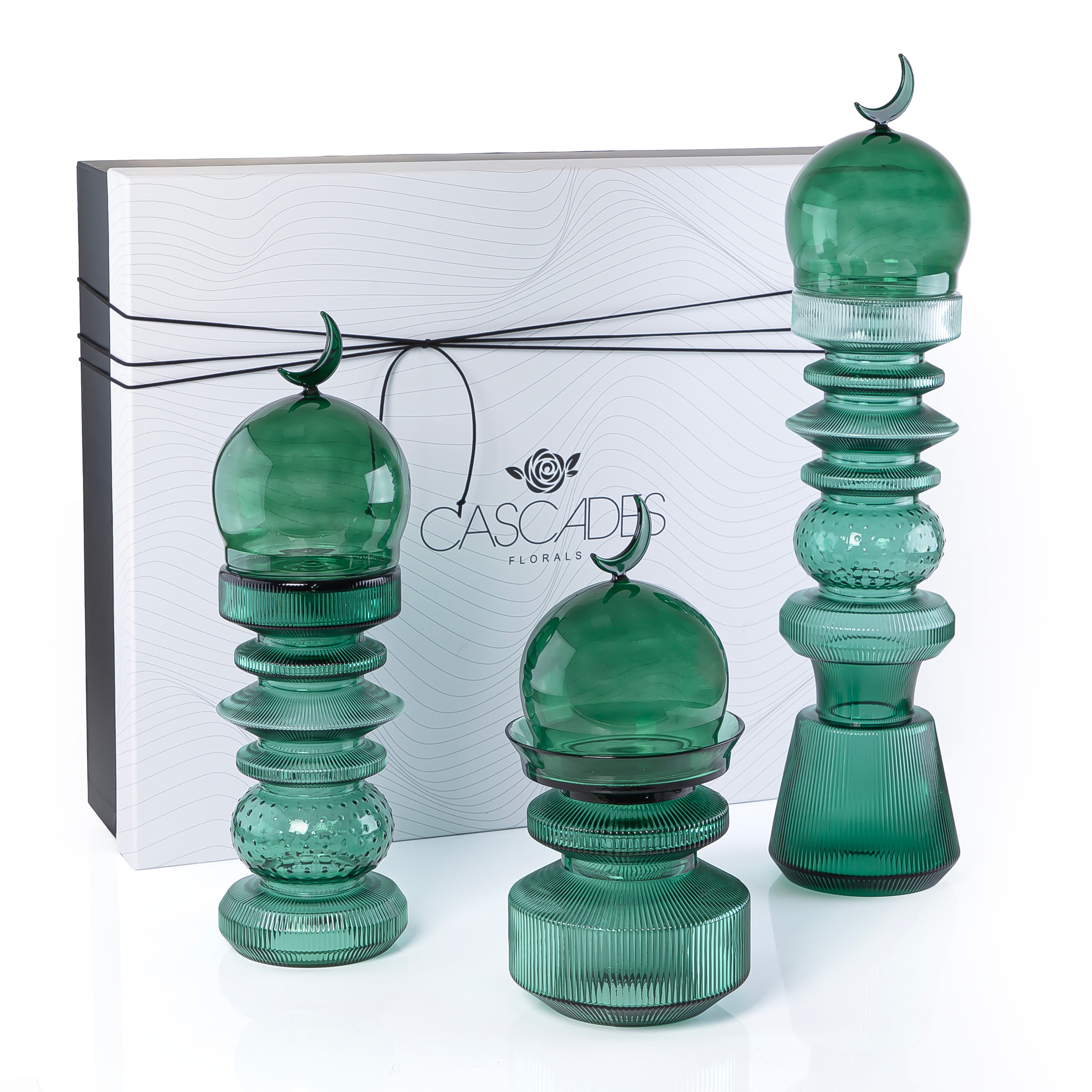 3-Pcs Glass Set ( 2 Minarets Décor + Date Bowl ) with Gift Box - Green