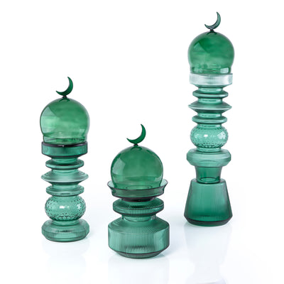 3-Pcs Glass Set ( 2 Minarets Décor + Date Bowl ) with Gift Box - Green