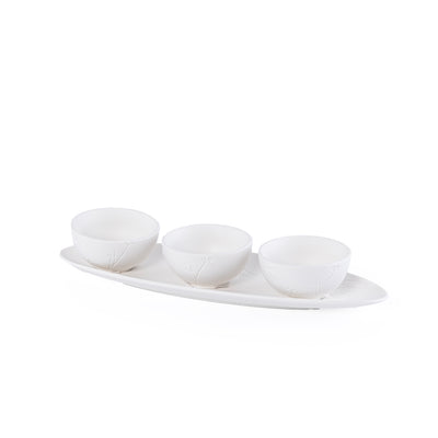Set of 3 Matt White Ceramic Bowls with Plate
