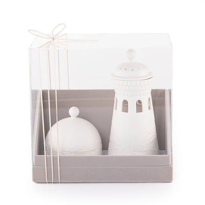 طقم مبخرة بتصميم منارة مع علبة خزف وبوكس جلد بغطاء أكريليك