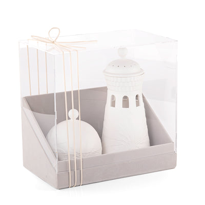 طقم مبخرة بتصميم منارة مع علبة خزف وبوكس جلد بغطاء أكريليك