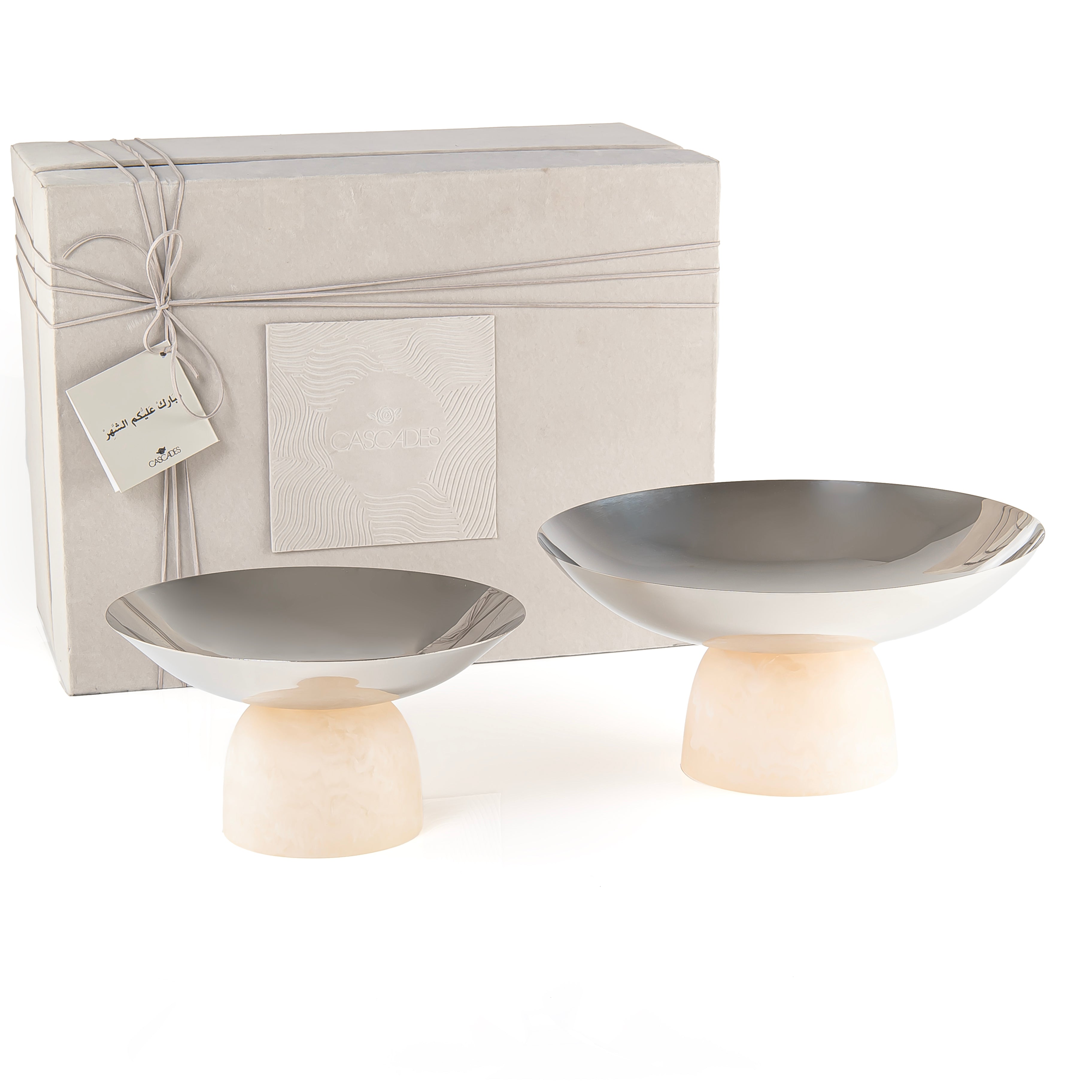 Set of 2 Stainless Steel Serving Dishes with Resin Base and Gift Box - White