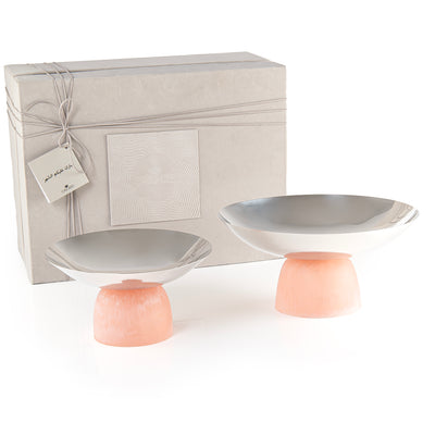 طقم 2 طبق تقديم دائري من الستانلس ستيل مع قاعدة من الريزن وبوكس هدية -وردي 