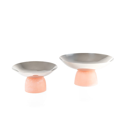 طقم 2 طبق تقديم دائري من الستانلس ستيل مع قاعدة من الريزن وبوكس هدية -وردي 