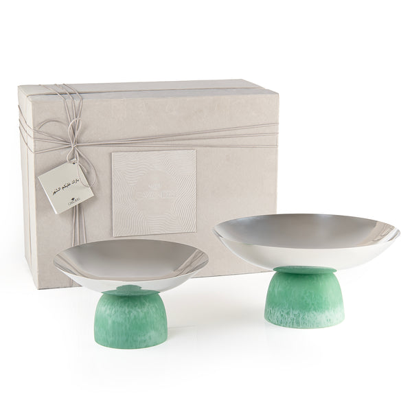 طقم 2 طبق تقديم دائري من الستانلس ستيل مع قاعدة من الريزن وبوكس هدية - اخضر 