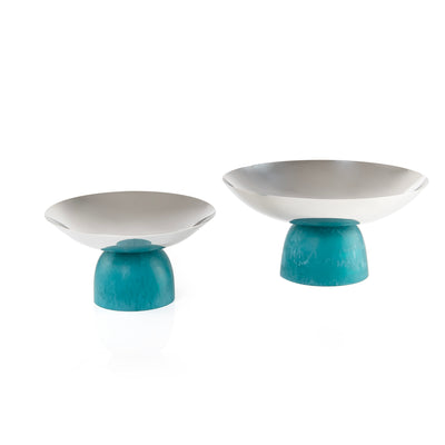 طقم 2 طبق تقديم دائري من الستانلس ستيل مع قاعدة من الريزن وبوكس هدية- ازرق 