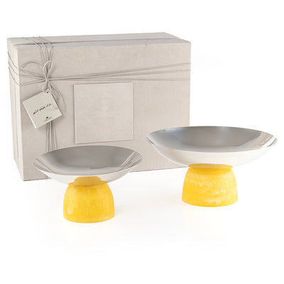طقم 2 طبق تقديم دائري من الستانلس ستيل مع قاعدة من الريزن وبوكس هدية- اصفر