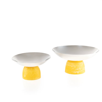 طقم 2 طبق تقديم دائري من الستانلس ستيل مع قاعدة من الريزن وبوكس هدية- اصفر