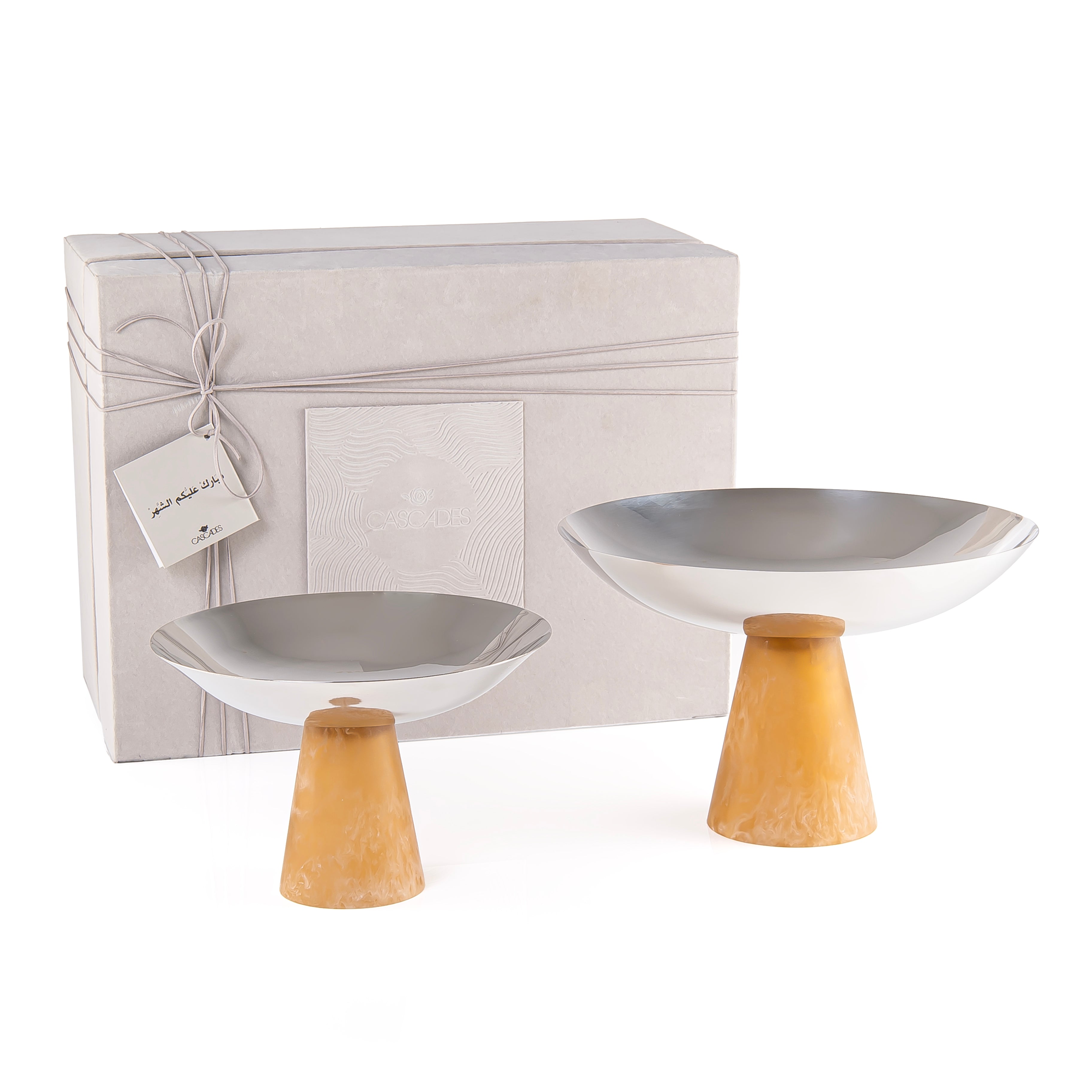 طقم 2 طبق تقديم دائري من الستانلس ستيل مع قاعدة من الريزن بتصميم مخروطي وبوكس هدية