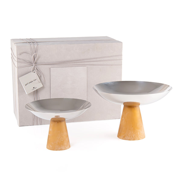 طقم 2 طبق تقديم دائري من الستانلس ستيل مع قاعدة من الريزن بتصميم مخروطي وبوكس هدية