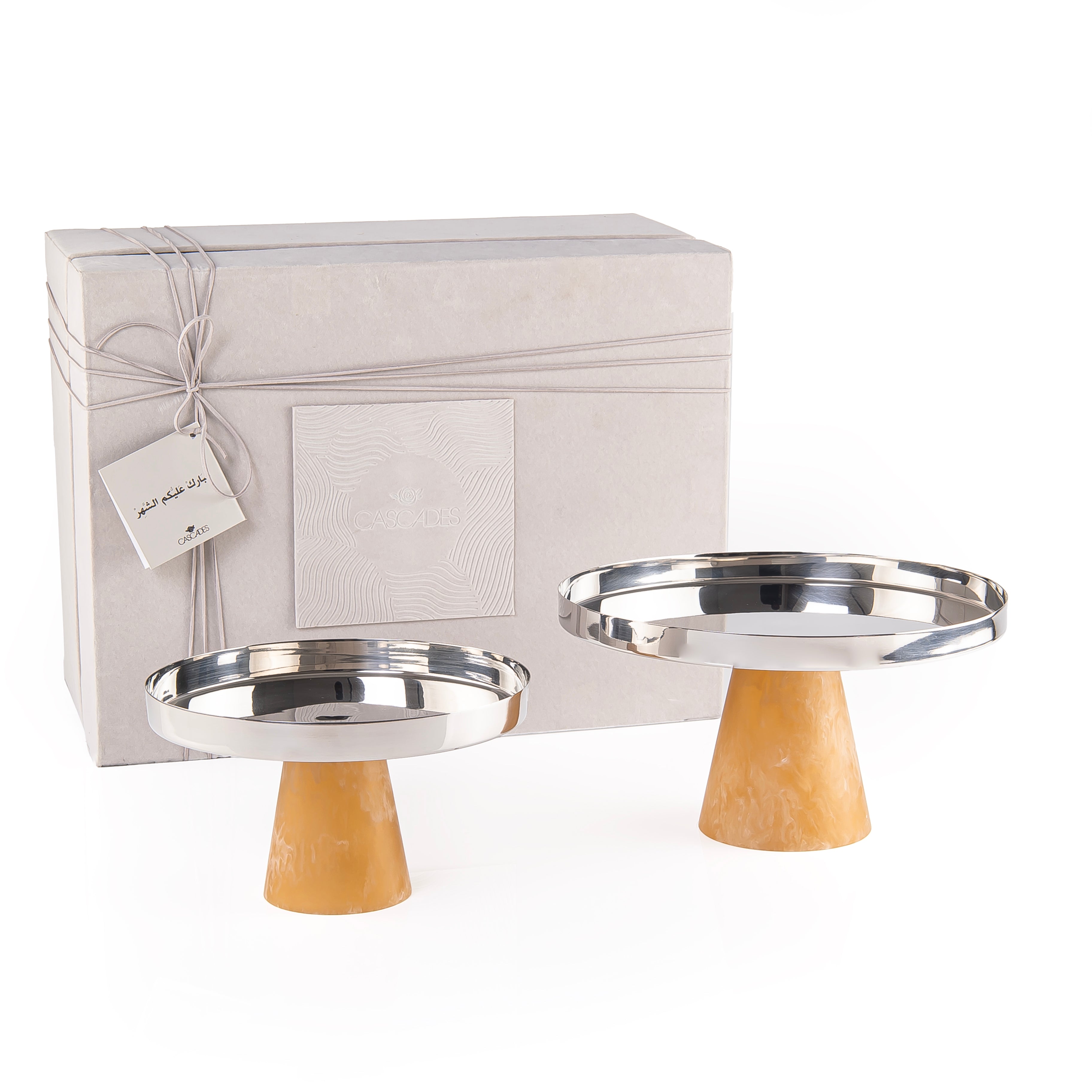 Set of 2 Stainless Steel Serving Dishes with Conical Resin Base and Gift Box