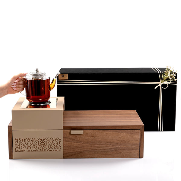 Wood Stand with Electric Warmer, Coffee and Teacups in Gift Box