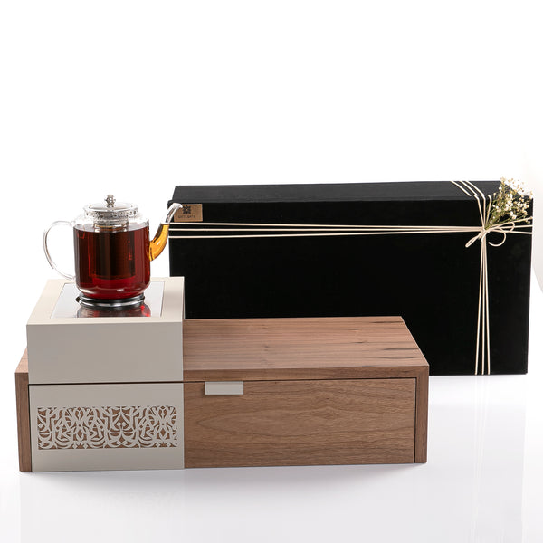 Wood Stand with Electric Warmer, Coffee and Teacups in Gift Box