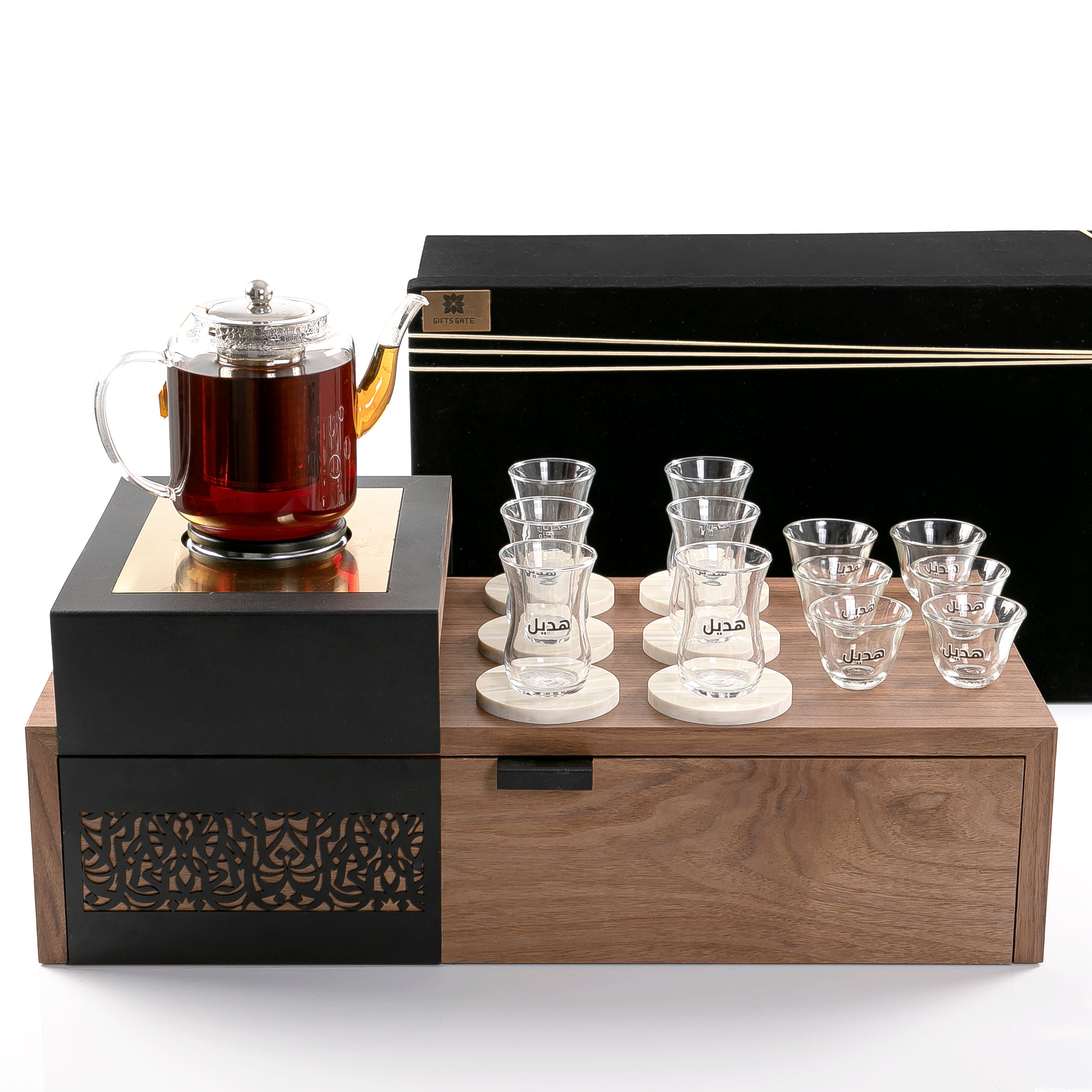 Wood Stand with Electric Warmer, Coffee and Teacups in Gift Box
