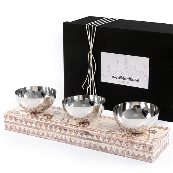 Round Metal Bowl Set with Mother of Pearl Base and Gift Box