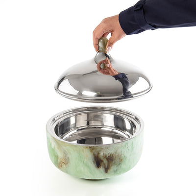 وعاء تقديم كبير حافظ للحرارة من الراتينج مع غطاء - أخضر