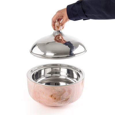 وعاء تقديم كبير حافظ للحرارة من الراتينج مع غطاء - وردي