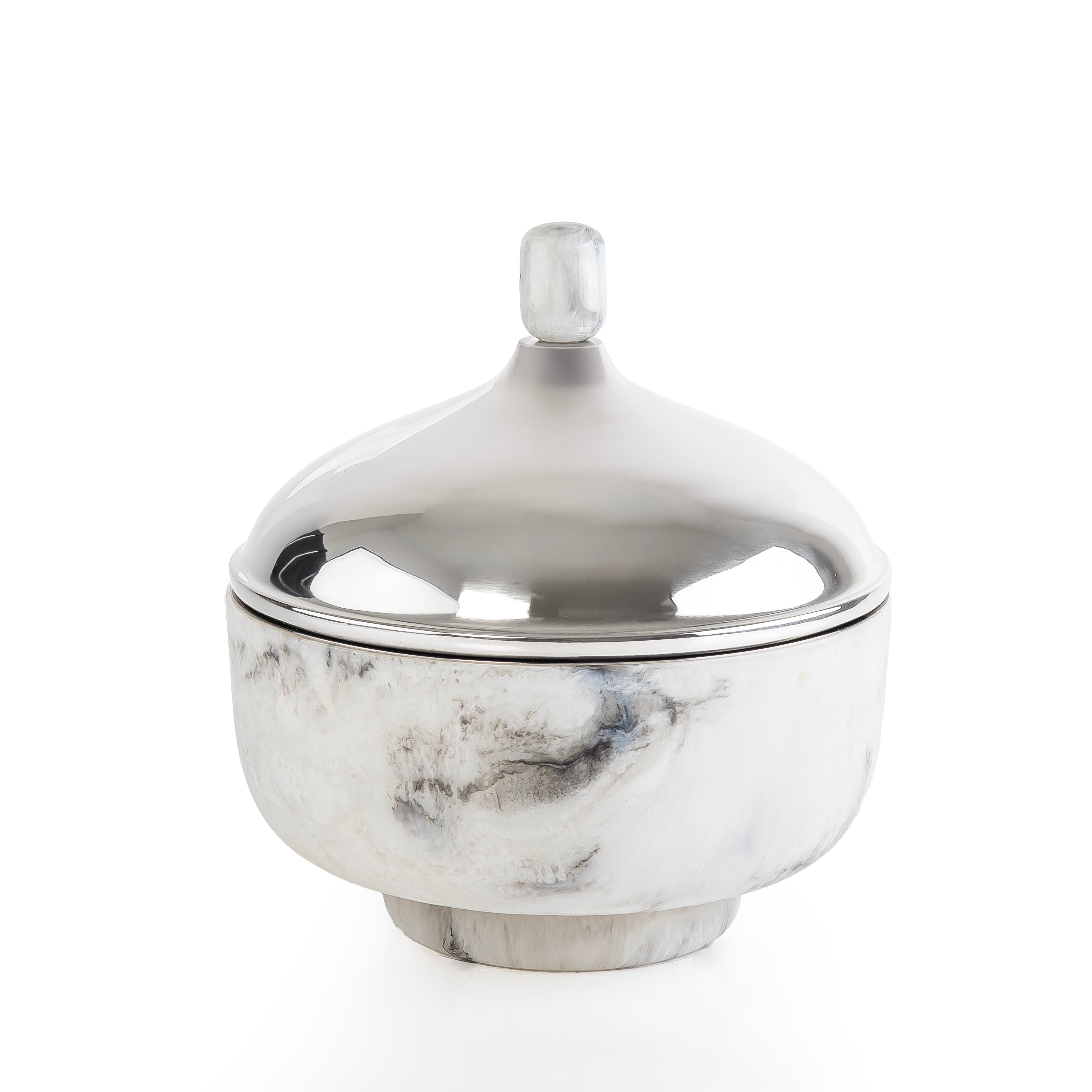 وعاء تقديم صغير حافظ للحرارة من الراتنج مع غطاء - أبيض & أسود