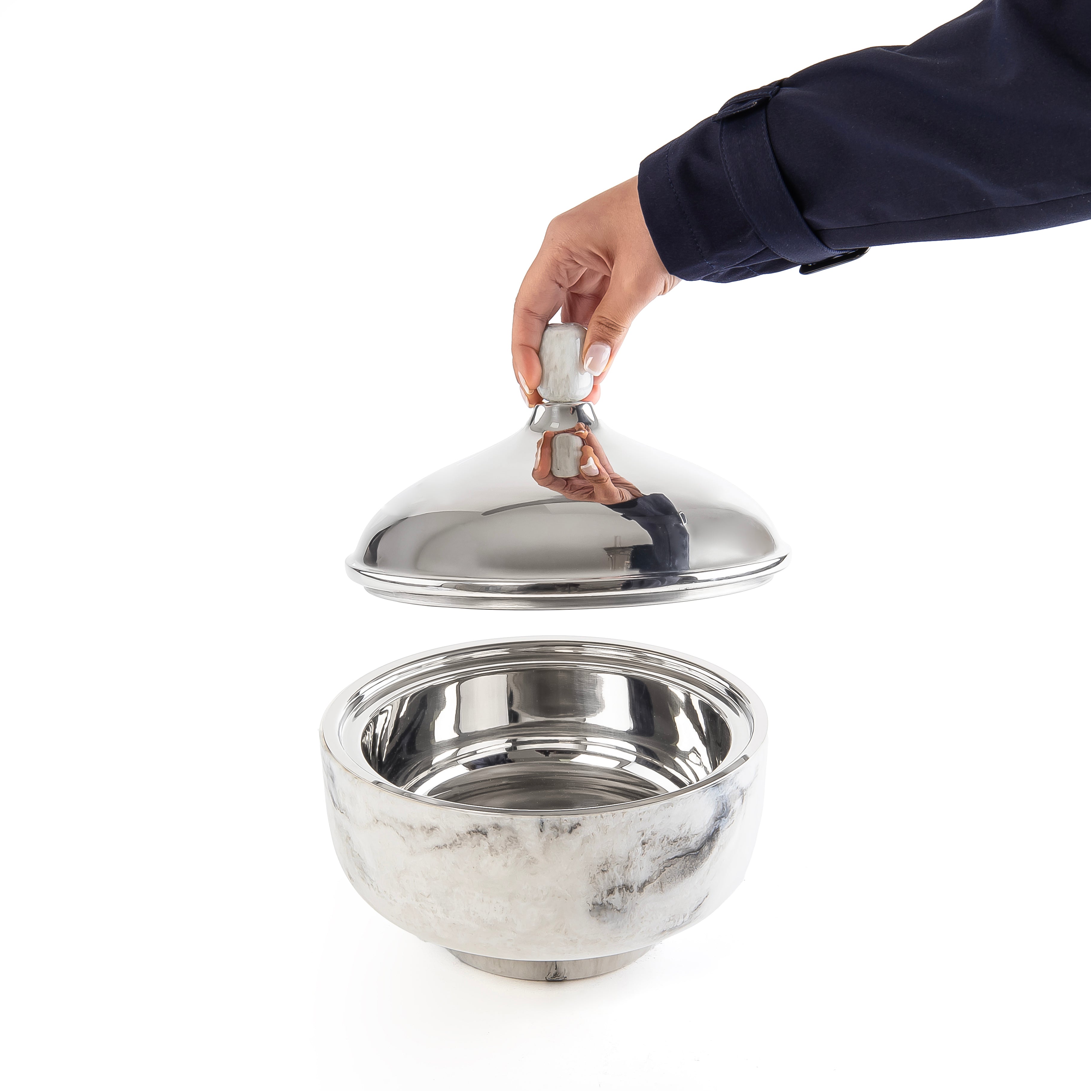 وعاء تقديم صغير حافظ للحرارة من الراتنج مع غطاء - أبيض & أسود