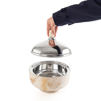 وعاء تقديم صغير حافظ للحرارة من الراتنج مع غطاء - بيج