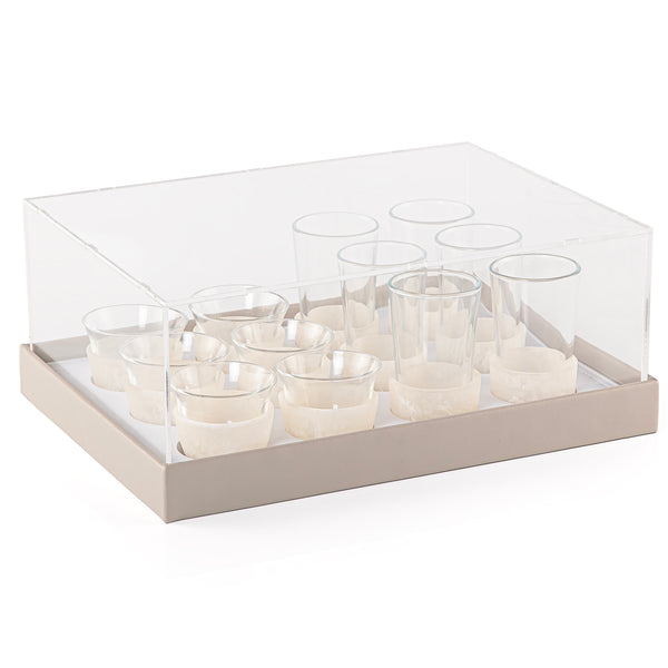Leather Wrapped Tray Set with 6 Tea Glasses, 6 Coffee Cups  and an Acrylic Cover