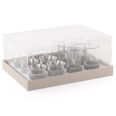 Leather Wrapped Tray Set with 6 Tea Glasses, 6 Coffee Cups  and an Acrylic Cover