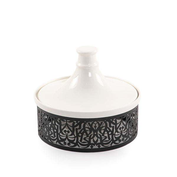 Ceramic Dish with Conical Lid and Calligraphy Metal Base