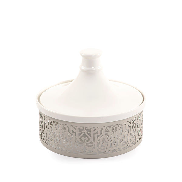 Ceramic Dish with Conical Lid and Calligraphy Metal Base