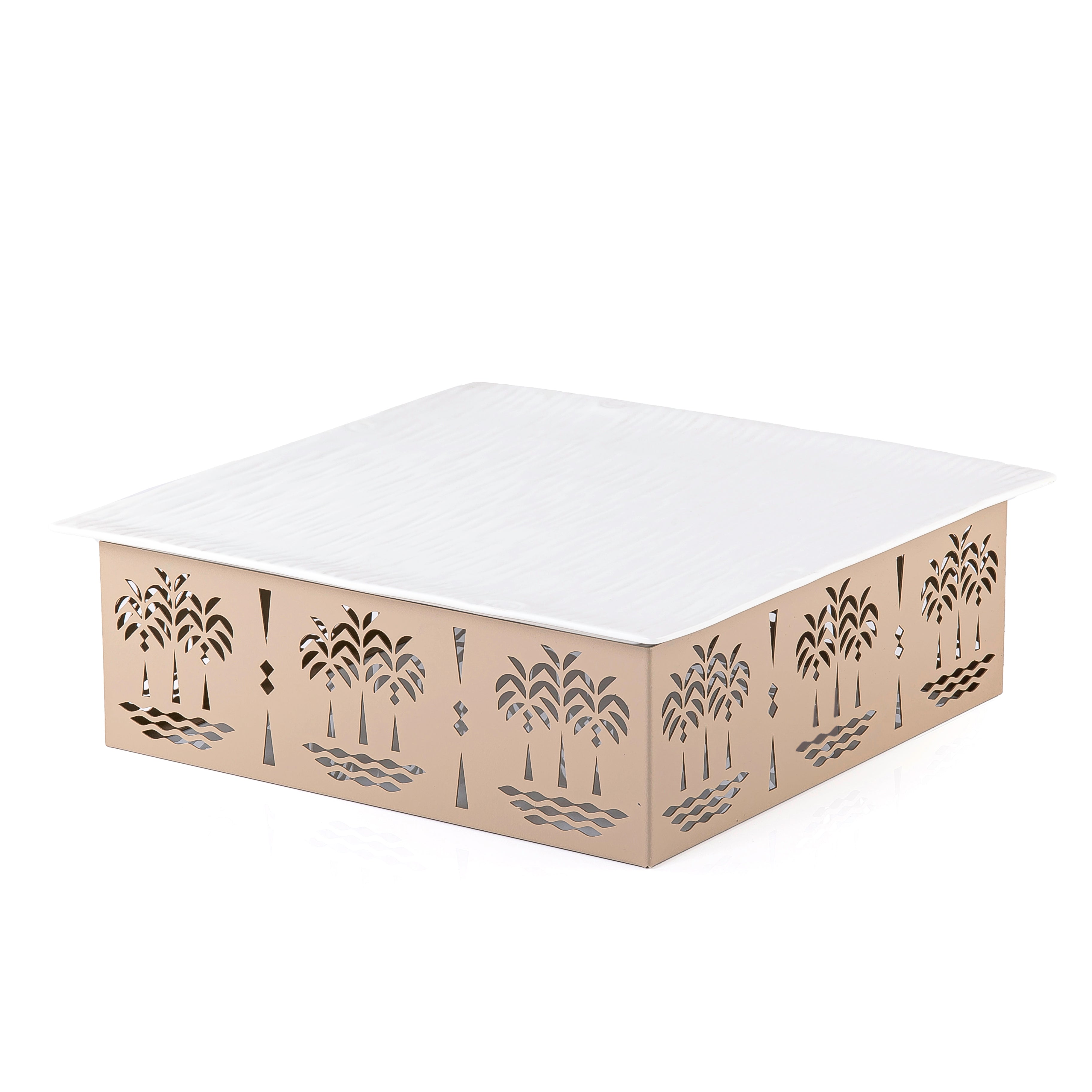 صحن سيراميك مربع مع قاعدة معدنية بتصميم النخلة - حجم كبير