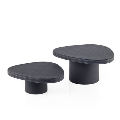 Set of 2 Leather Covered Wooden Stands with Cylindrical Bases- Black