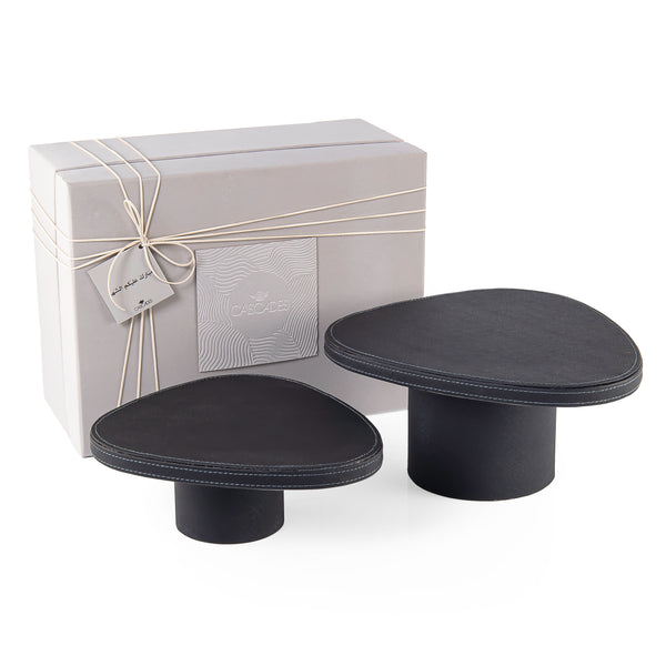 Set of 2 Leather Covered Wooden Stands with Cylindrical Bases- Black