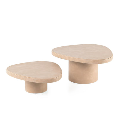 Set of 2 Leather Covered Wooden Stands with Cylindrical Bases - Beige