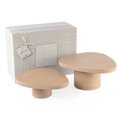 Set of 2 Leather Covered Wooden Stands with Cylindrical Bases - Beige