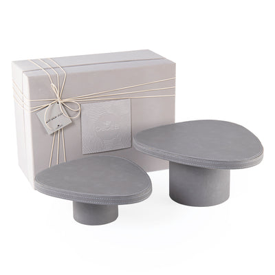 Set of 2 Leather Covered Wooden Stands with Cylindrical Bases- Dark Grey