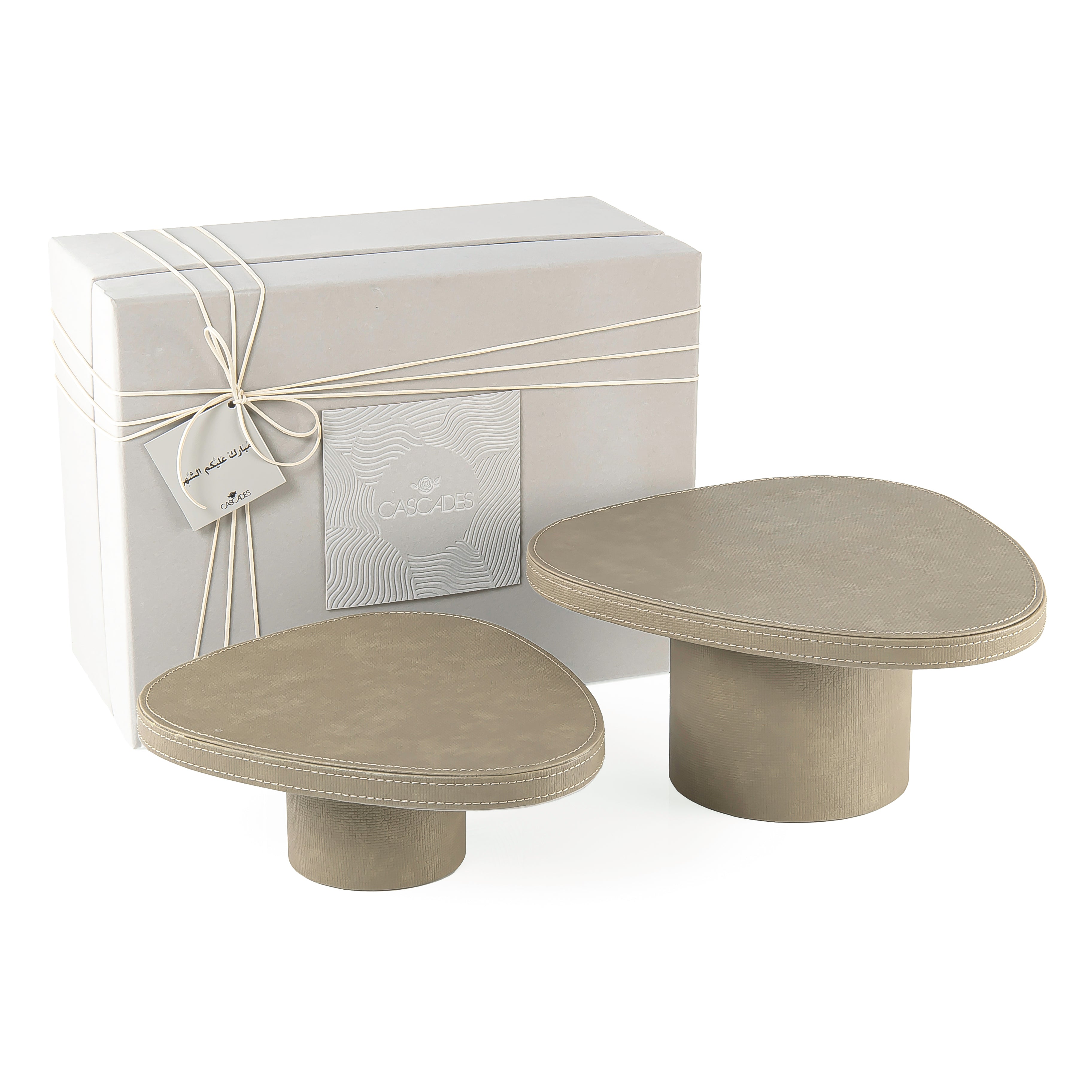 Set of 2 Leather Covered Wooden Stands with Cylindrical Bases - Olive