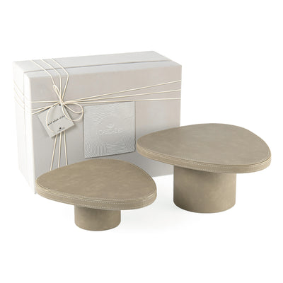 Set of 2 Leather Covered Wooden Stands with Cylindrical Bases - Olive