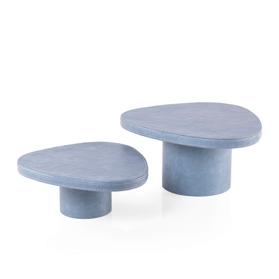 Set of 2 Leather Covered Wooden Stands with Cylindrical Bases - Blue