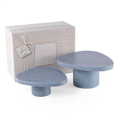 Set of 2 Leather Covered Wooden Stands with Cylindrical Bases - Blue